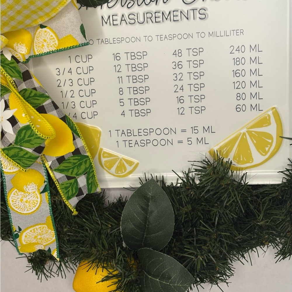 Kitchen Conversion Sign with Lemon Accent Bow. 16 inches round.